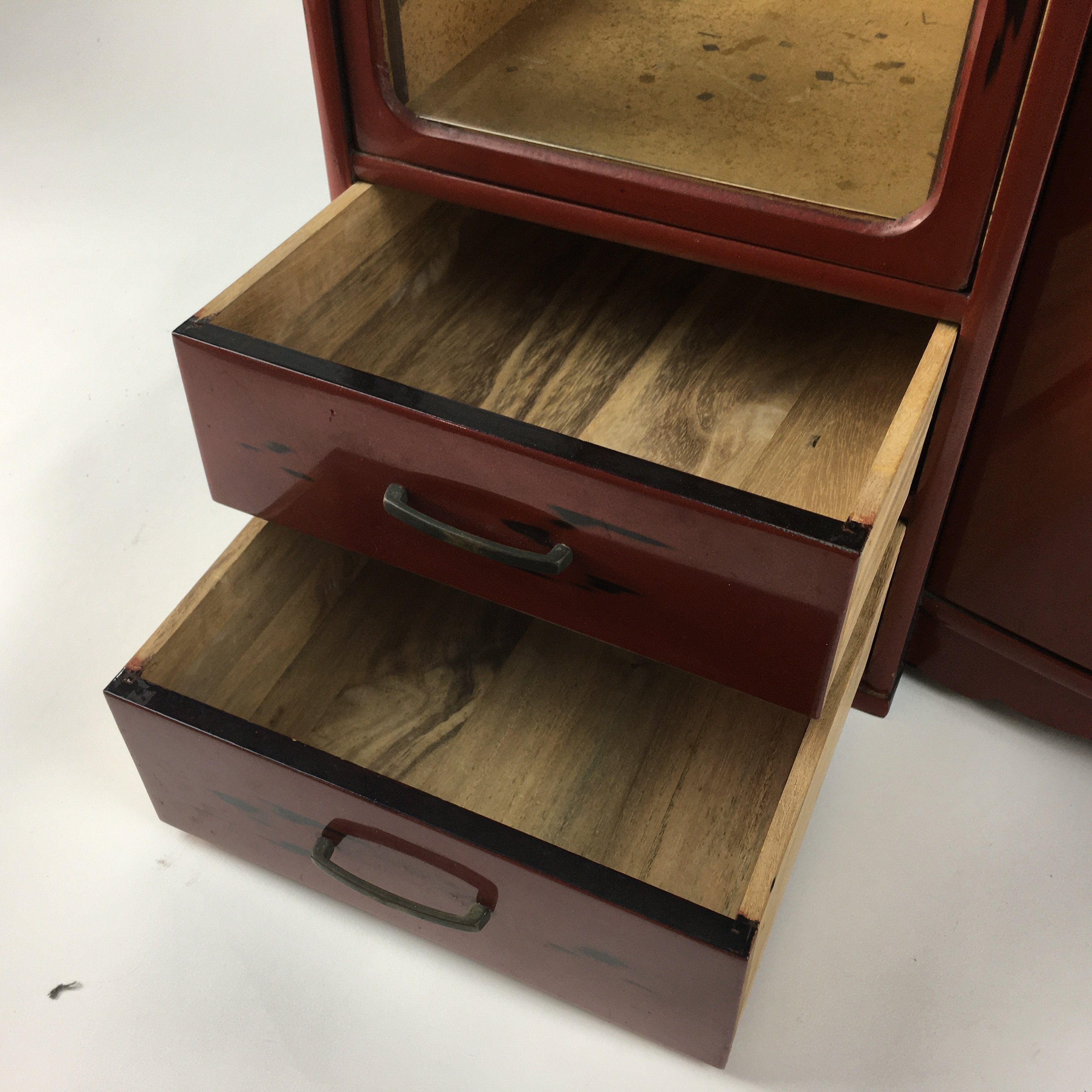 Japanese Wooden Chest of Drawers Vtg 2 Drawers Doors Brown Red T244