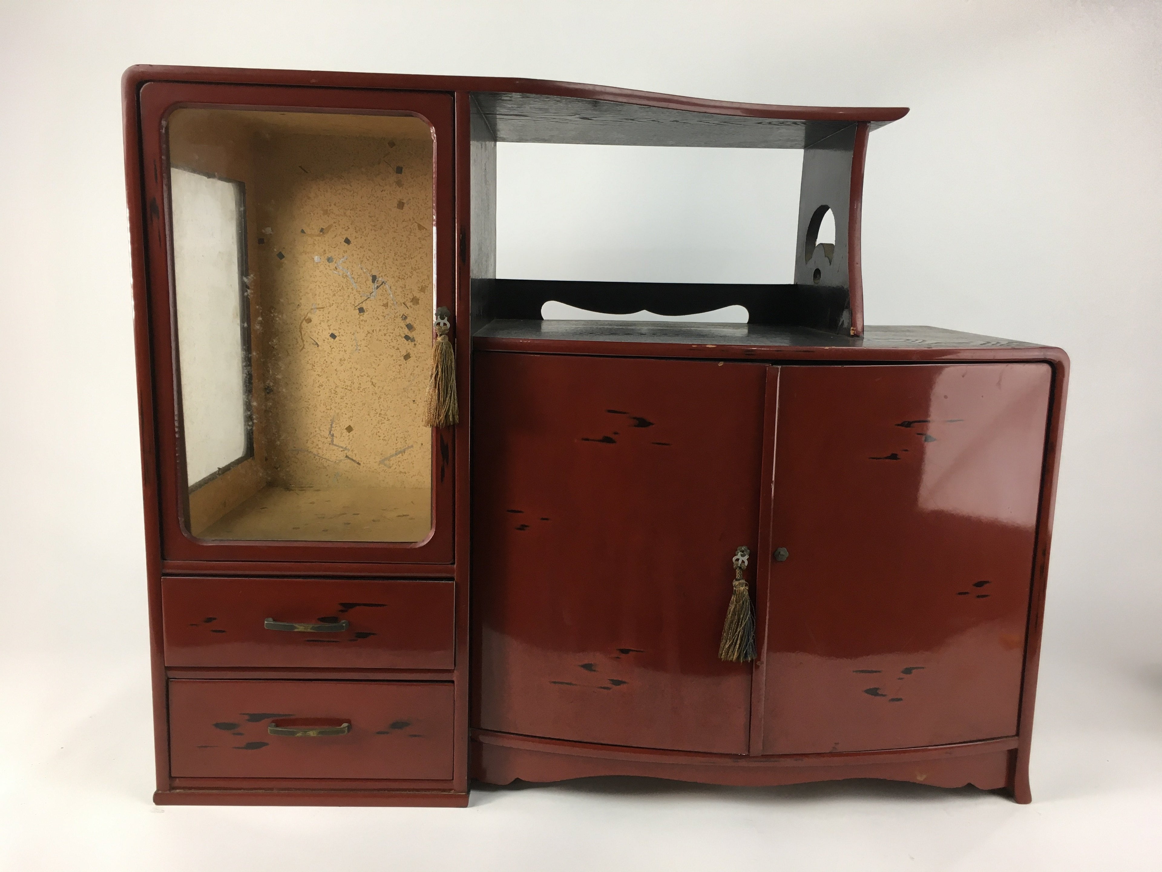 Japanese Wooden Chest of Drawers Vtg 2 Drawers Doors Brown Red T244