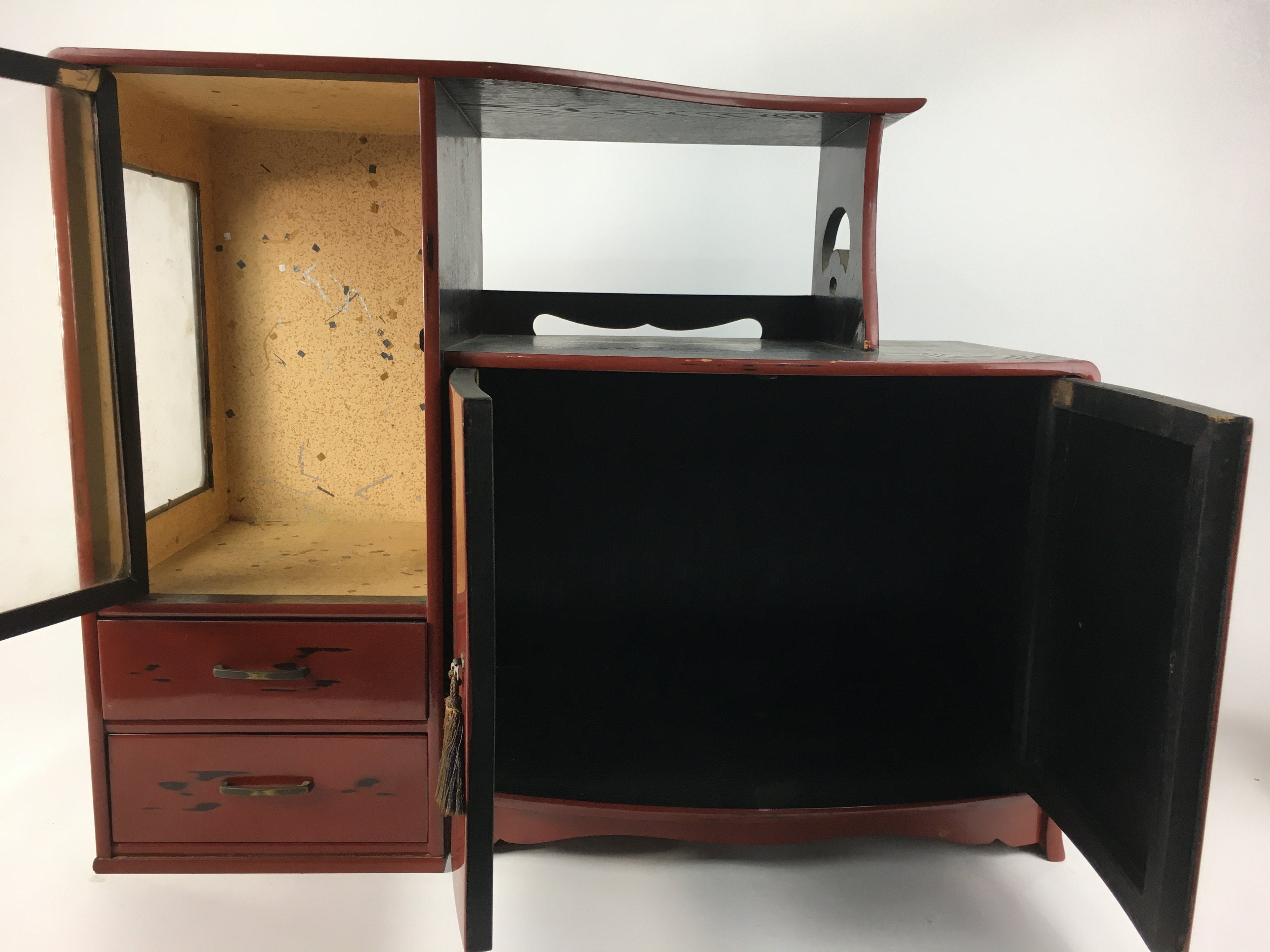 Japanese Wooden Chest of Drawers Vtg 2 Drawers Doors Brown Red T244