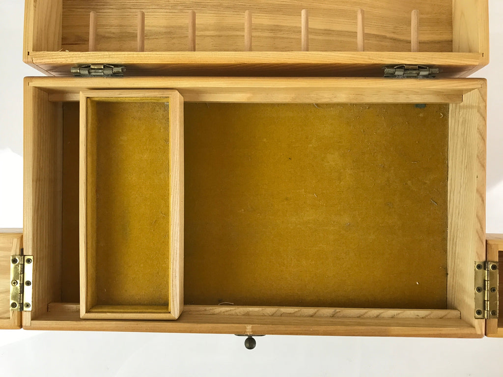 Japanese Wooden Compact Sewing Box Vtg Haribako Chest Tansu T317
