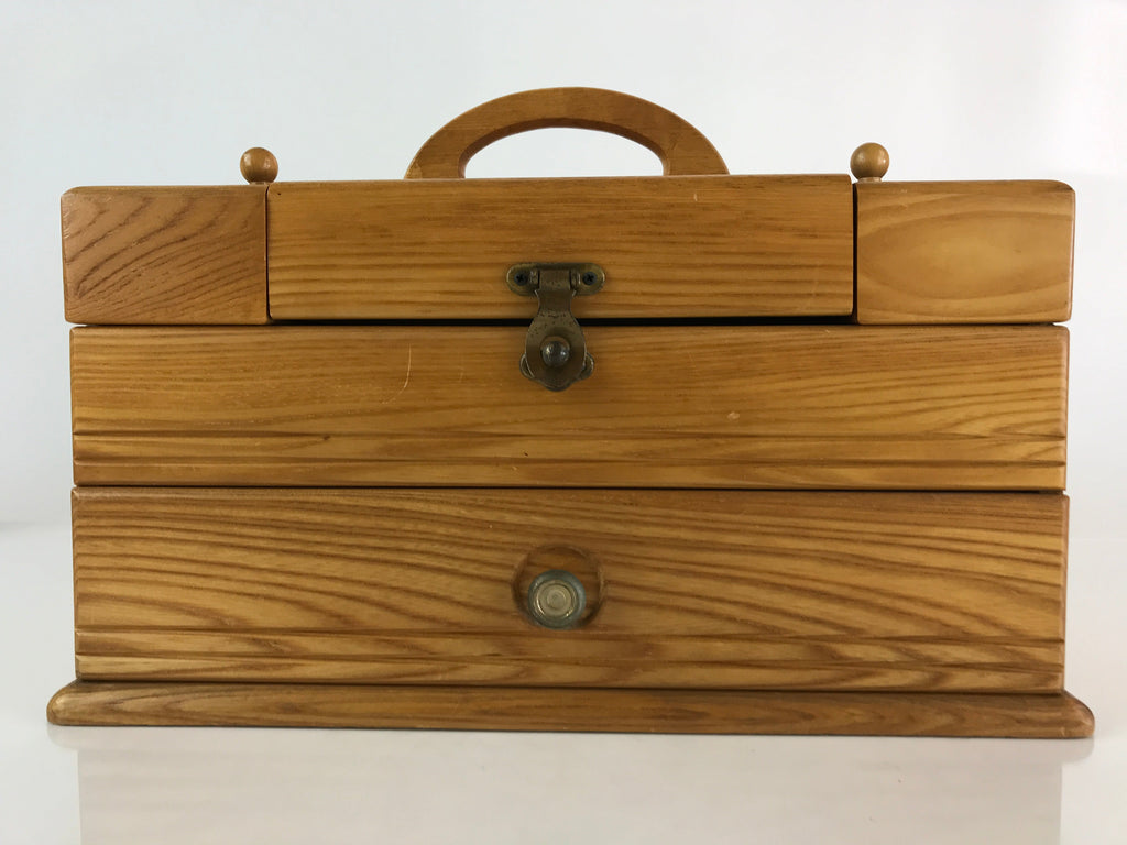 Japanese Wooden Compact Sewing Box Vtg Haribako Chest Tansu T317