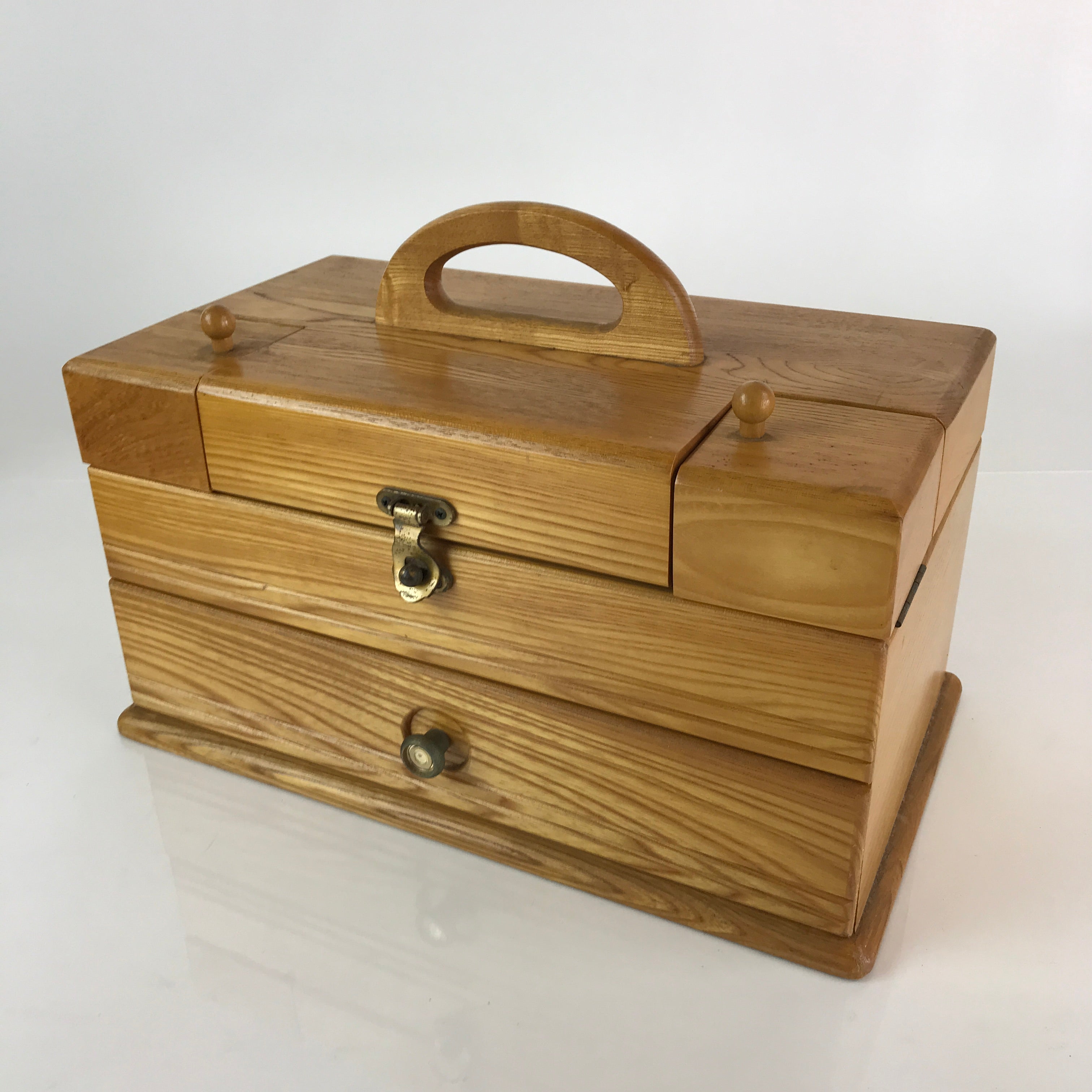 Japanese Wooden Compact Sewing Box Vtg Haribako Chest Tansu T317