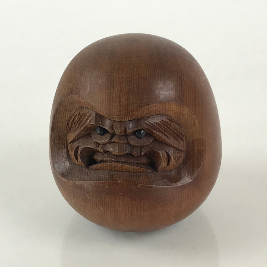 Japanese Wooden Dharma Statue Vtg Wood Carving Round Daruma Brown