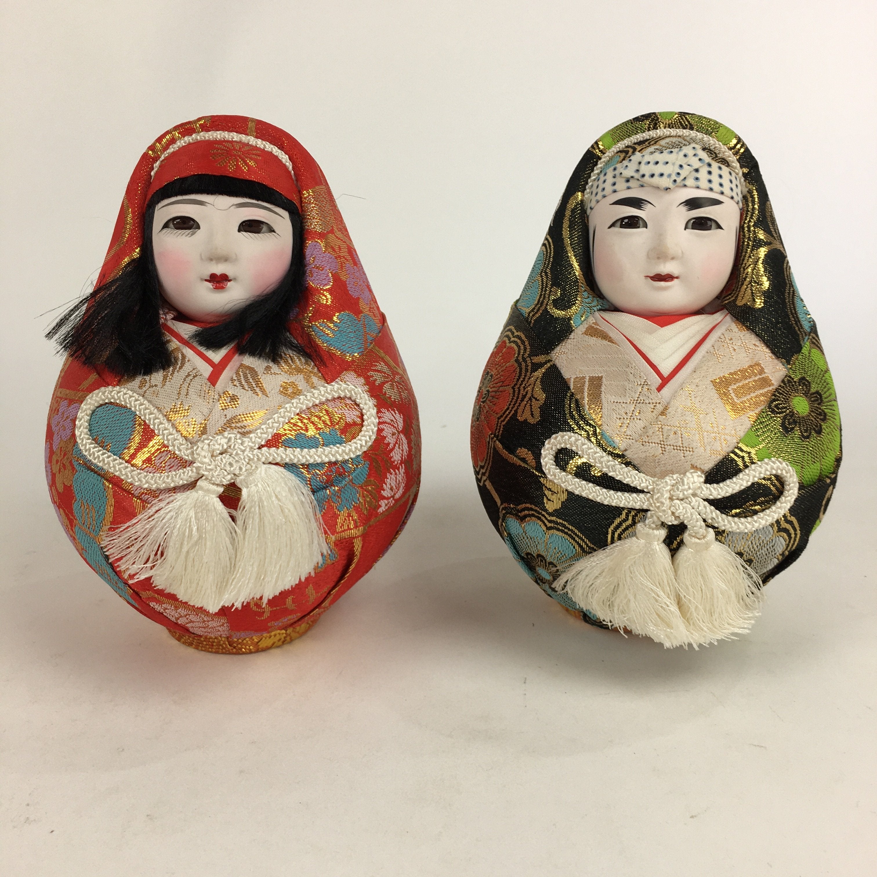 Japanese Wooden Doll Vtg Hime-Daruma Nishiki-Daruma 2pc Statues