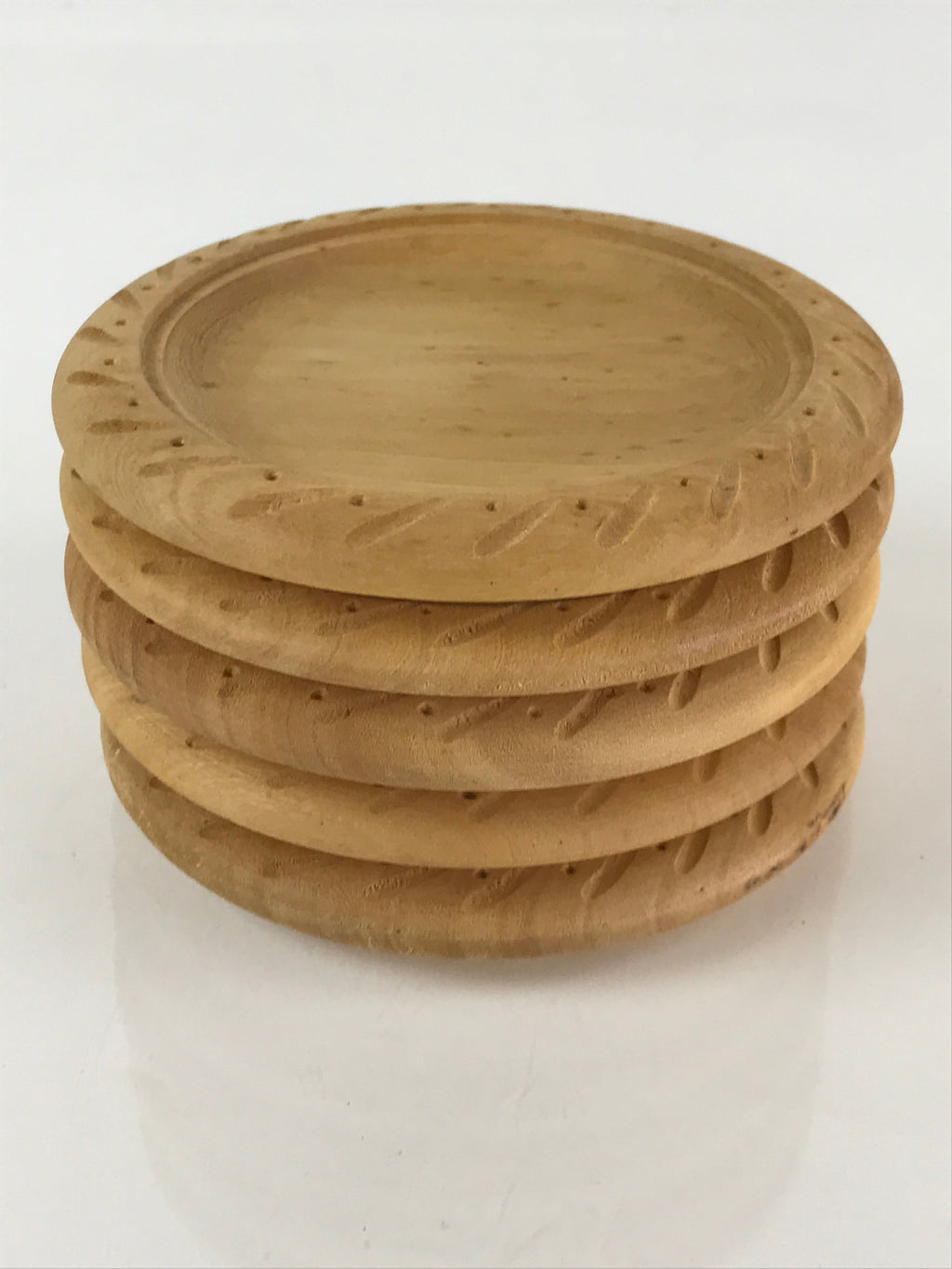 Japanese Wooden Drink Saucer 5pc Set Vtg Chataku Coaster Natural Color UR823