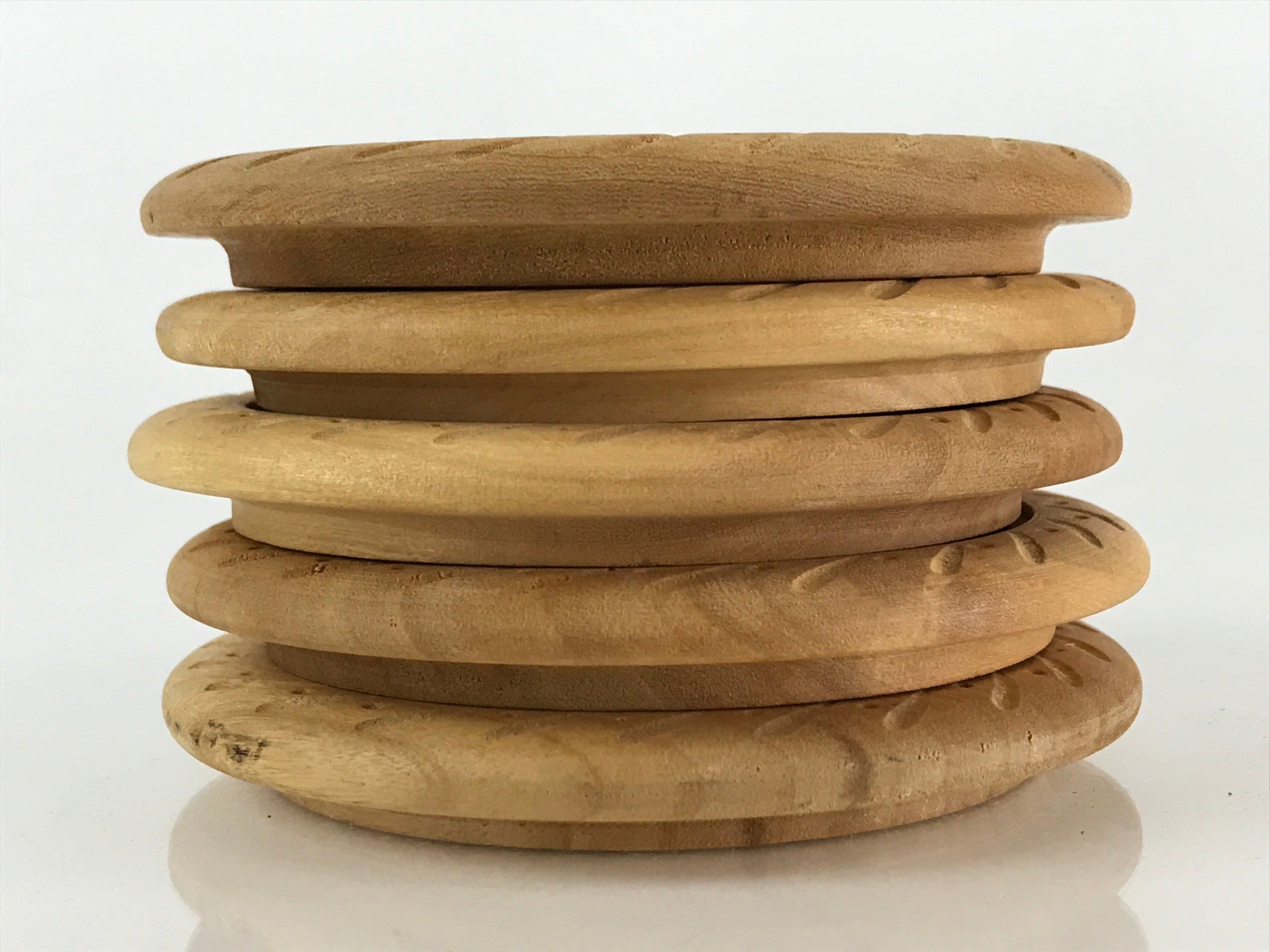 Japanese Wooden Drink Saucer 5pc Set Vtg Chataku Coaster Natural Color UR823