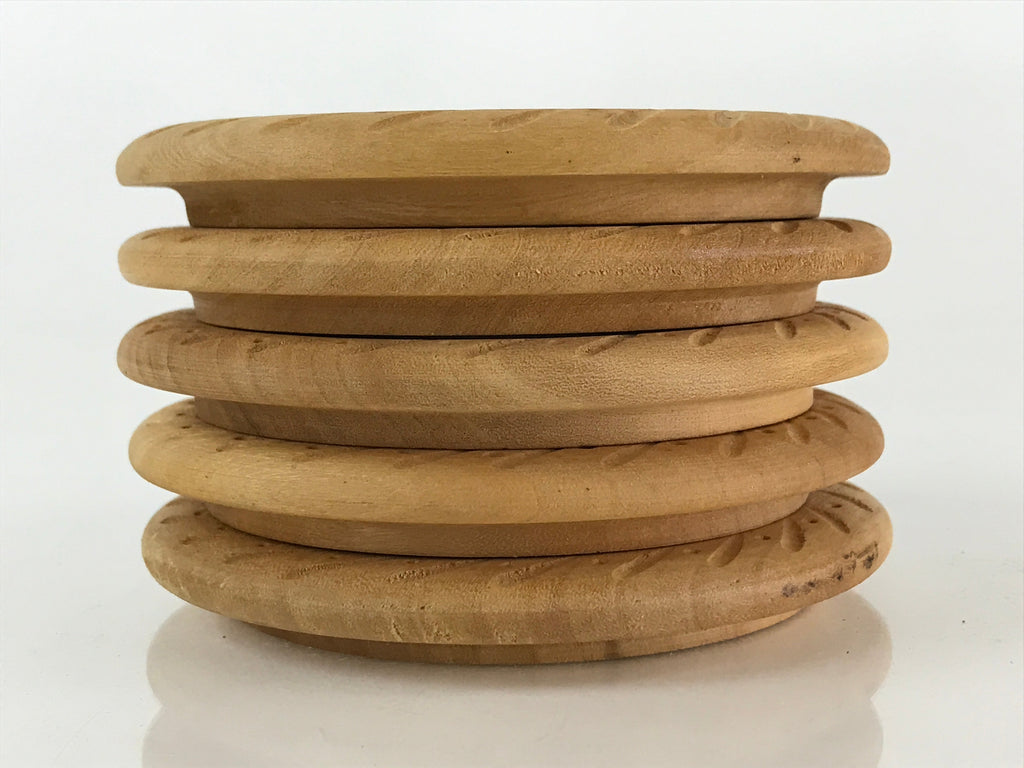 Japanese Wooden Drink Saucer 5pc Set Vtg Chataku Coaster Natural Color UR823