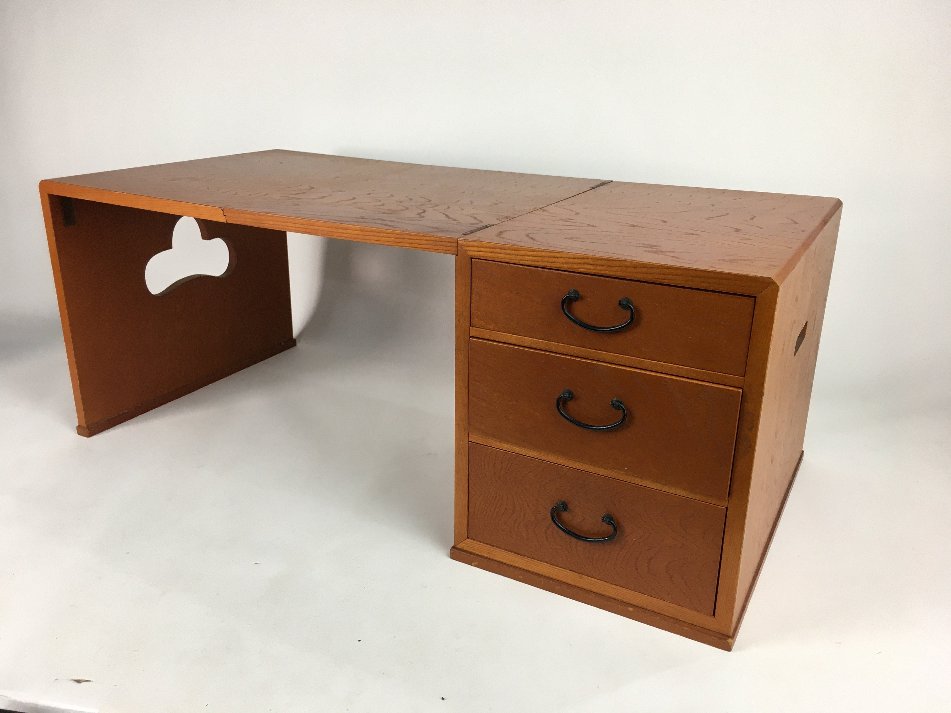 Antique Oak Folding Sewing Table With 3 Drawers