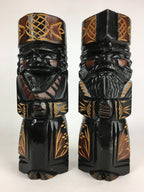 Japanese Wooden Hokkaido Statue Ainu Nipopo 2pc Set Vtg Okimono Black AB94