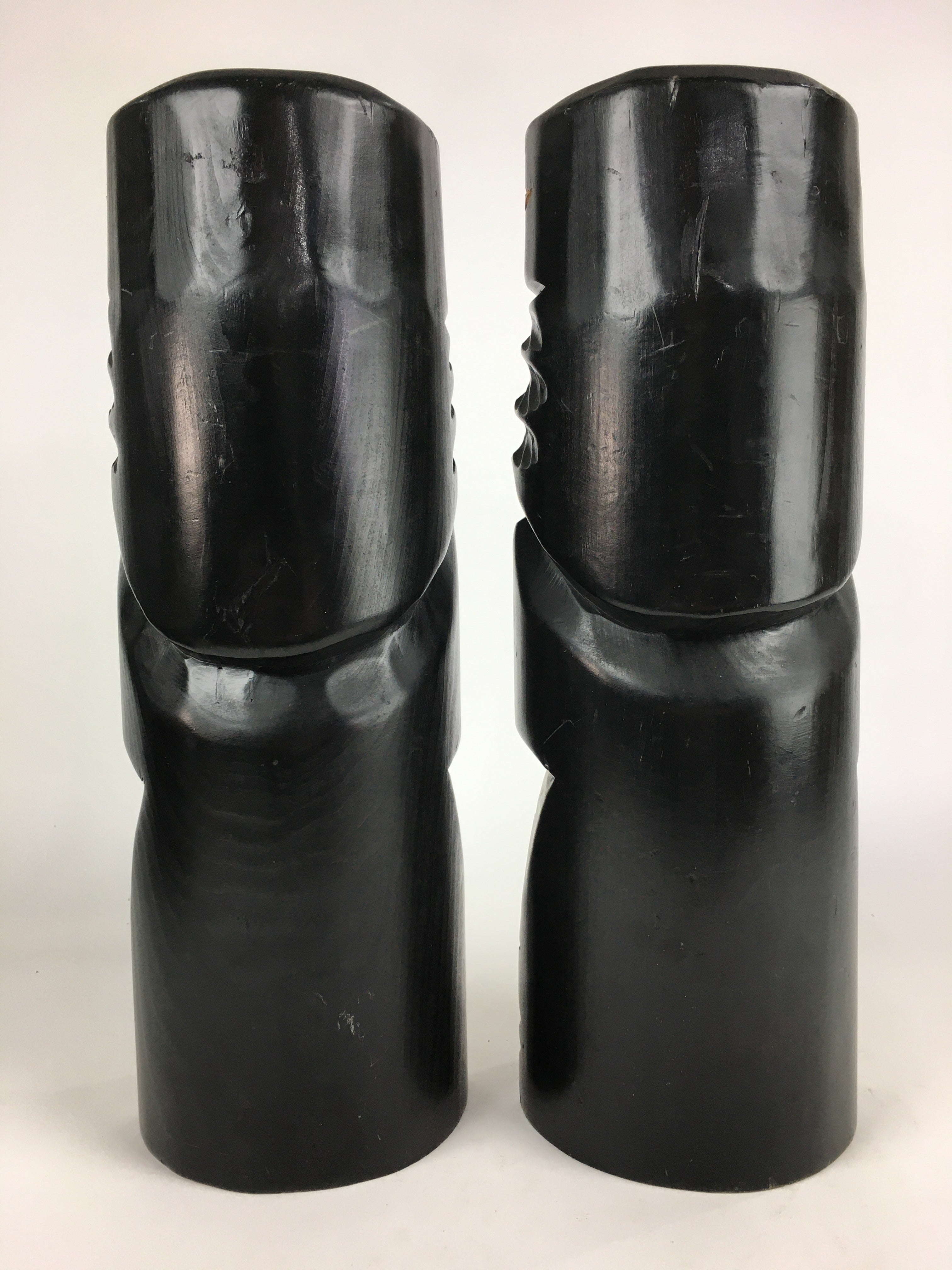 Japanese Wooden Hokkaido Statue Ainu Nipopo 2pc Set Vtg Okimono Black AB94