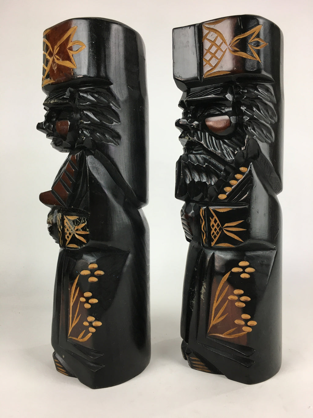Japanese Wooden Hokkaido Statue Ainu Nipopo 2pc Set Vtg Okimono Black AB94