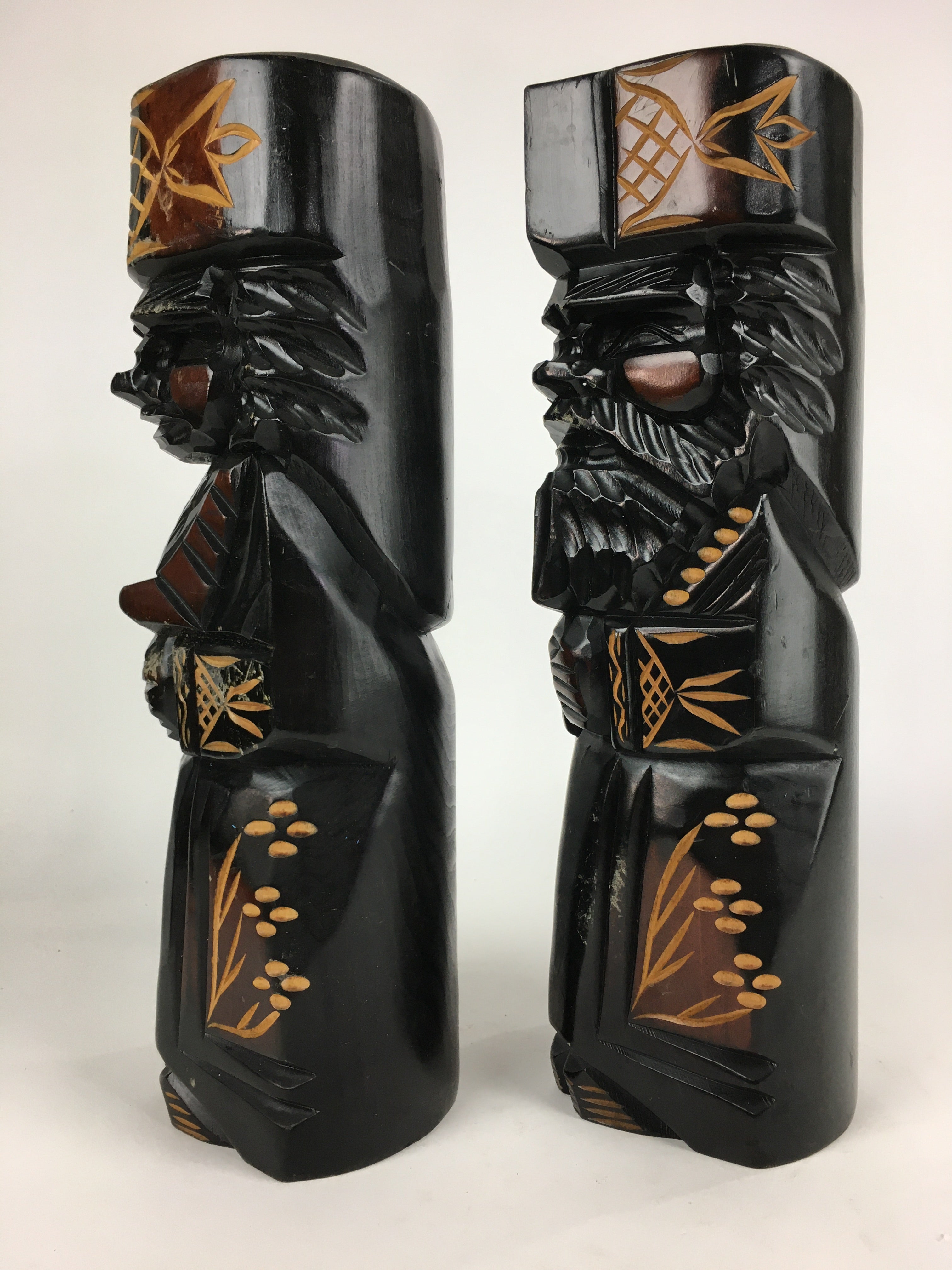 Japanese Wooden Hokkaido Statue Ainu Nipopo 2pc Set Vtg Okimono Black AB94