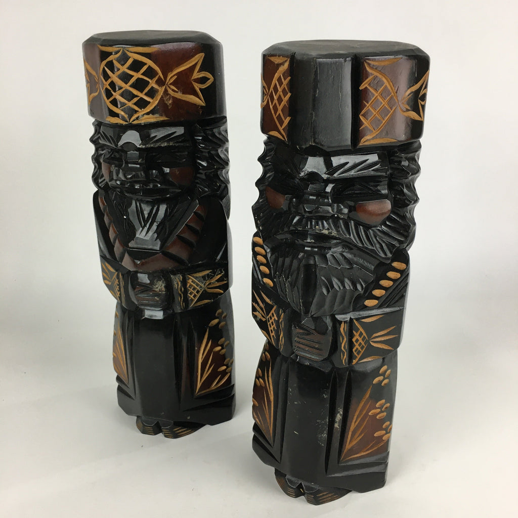 Japanese Wooden Hokkaido Statue Ainu Nipopo 2pc Set Vtg Okimono Black AB94
