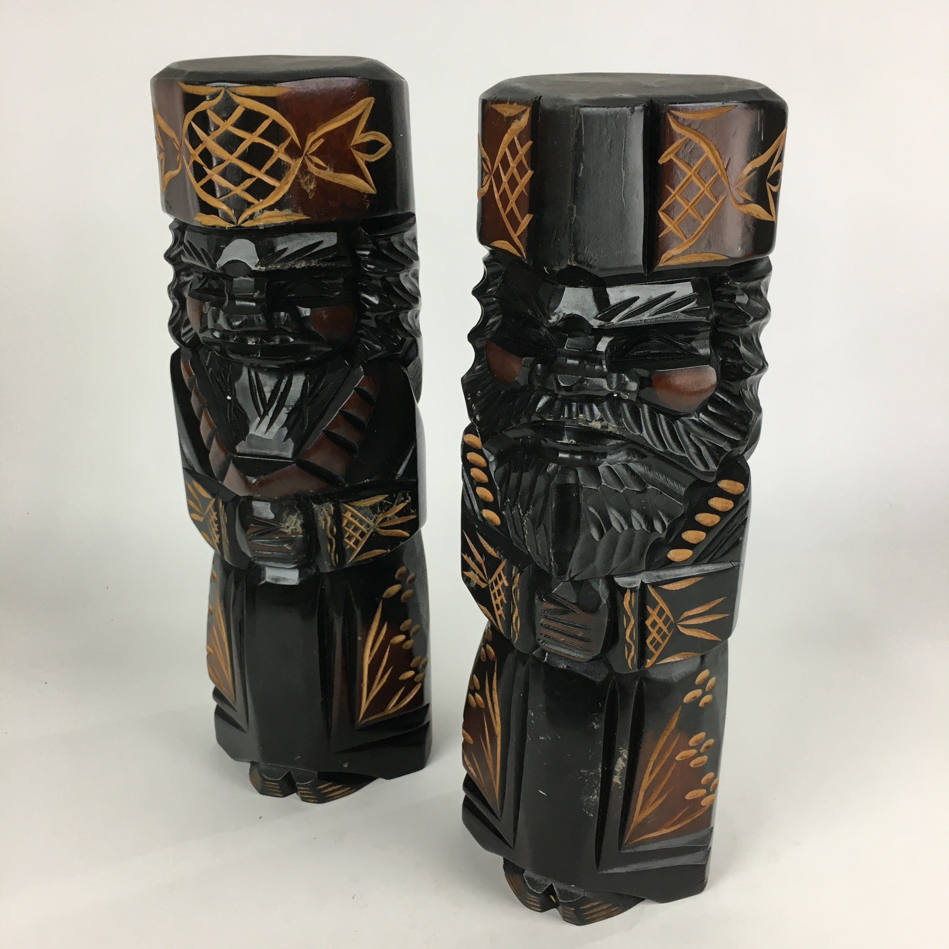 Japanese Wooden Hokkaido Statue Ainu Nipopo 2pc Set Vtg Okimono Black AB94
