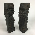 Japanese Wooden Hokkaido Statue Ainu Nipopo 2pc Set Vtg Okimono Brown AB89