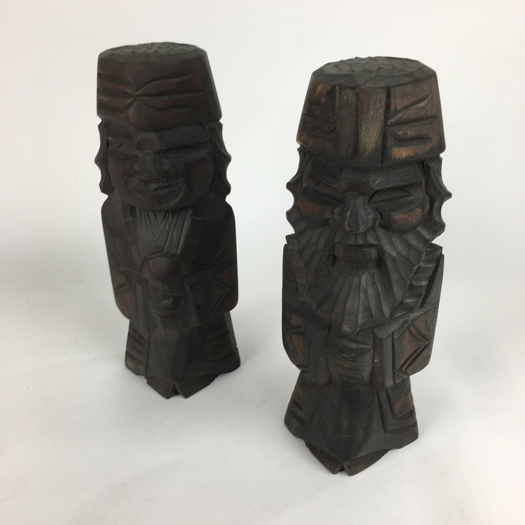 Japanese Wooden Hokkaido Statue Ainu Nipopo 2pc Set Vtg Okimono Brown AB89