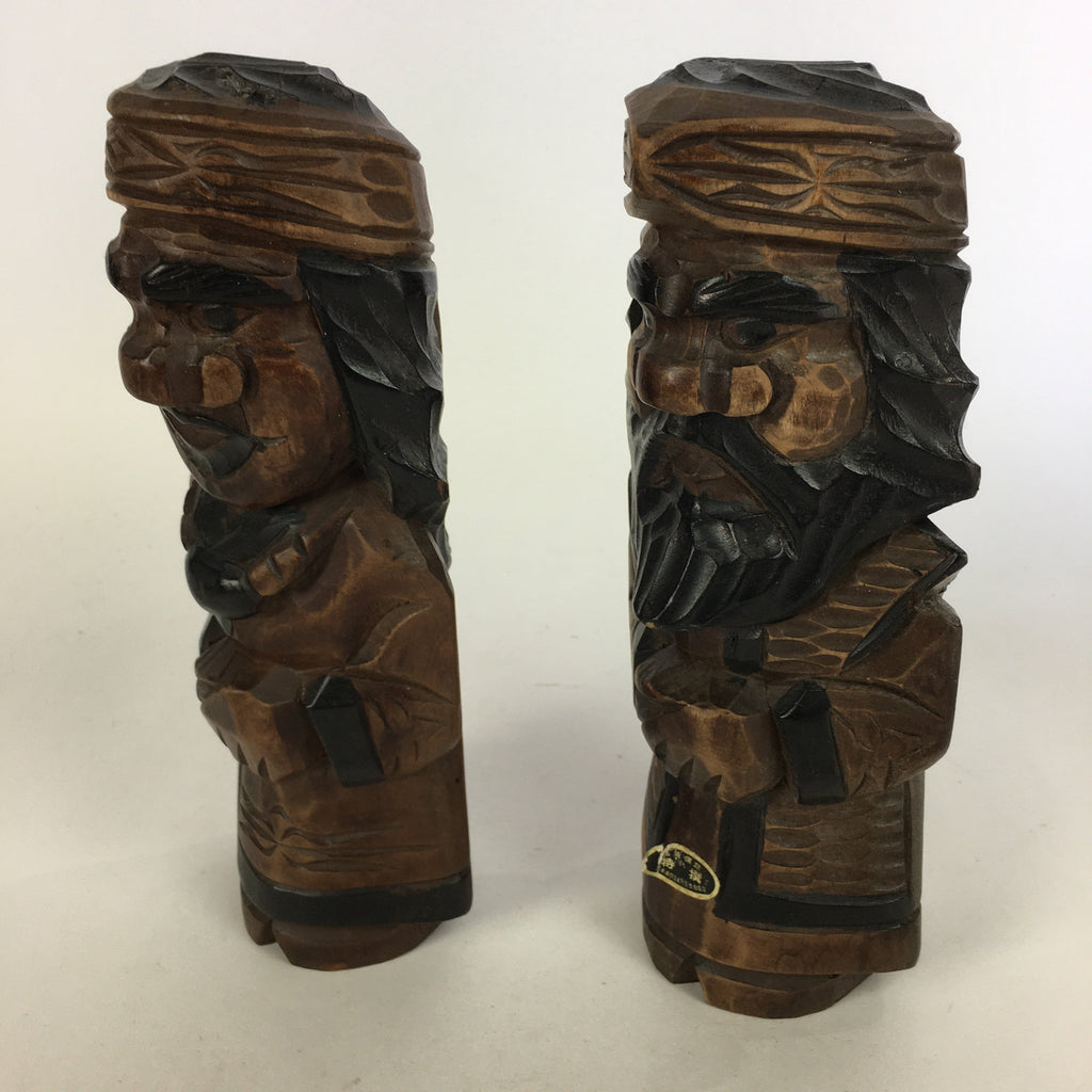 Japanese Wooden Hokkaido Statue Ainu Nipopo 2pc Set Vtg Okimono Brown AB90