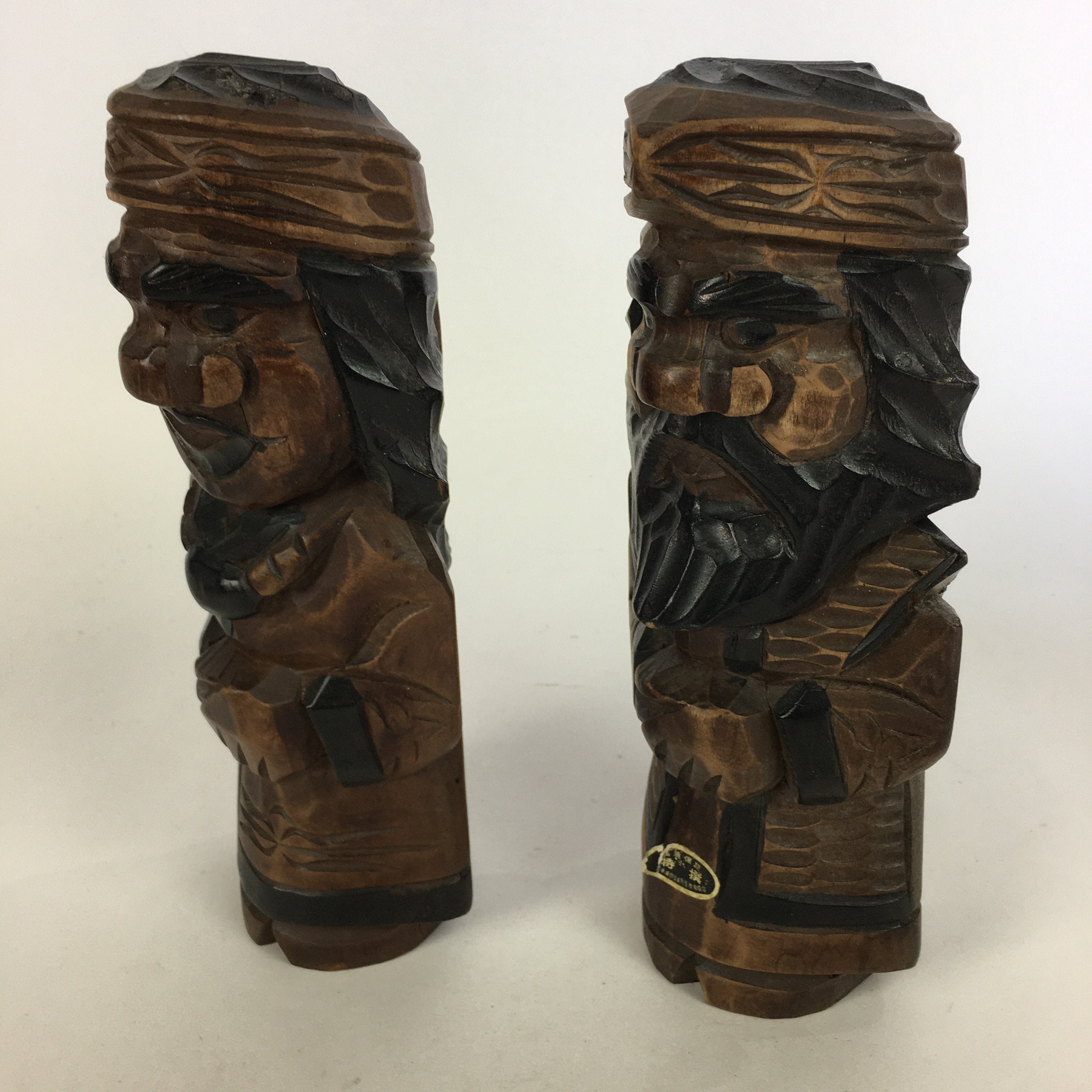 Japanese Wooden Hokkaido Statue Ainu Nipopo 2pc Set Vtg Okimono Brown AB90