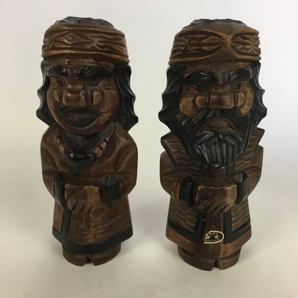 Japanese Wooden Hokkaido Statue Ainu Nipopo 2pc Set Vtg Okimono Brown AB90