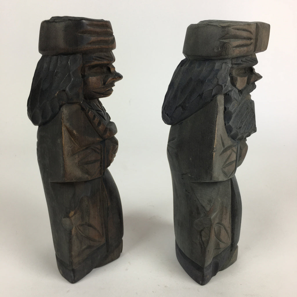 Japanese Wooden Hokkaido Statue Ainu Nipopo 2pc Set Vtg Okimono Brown AB91