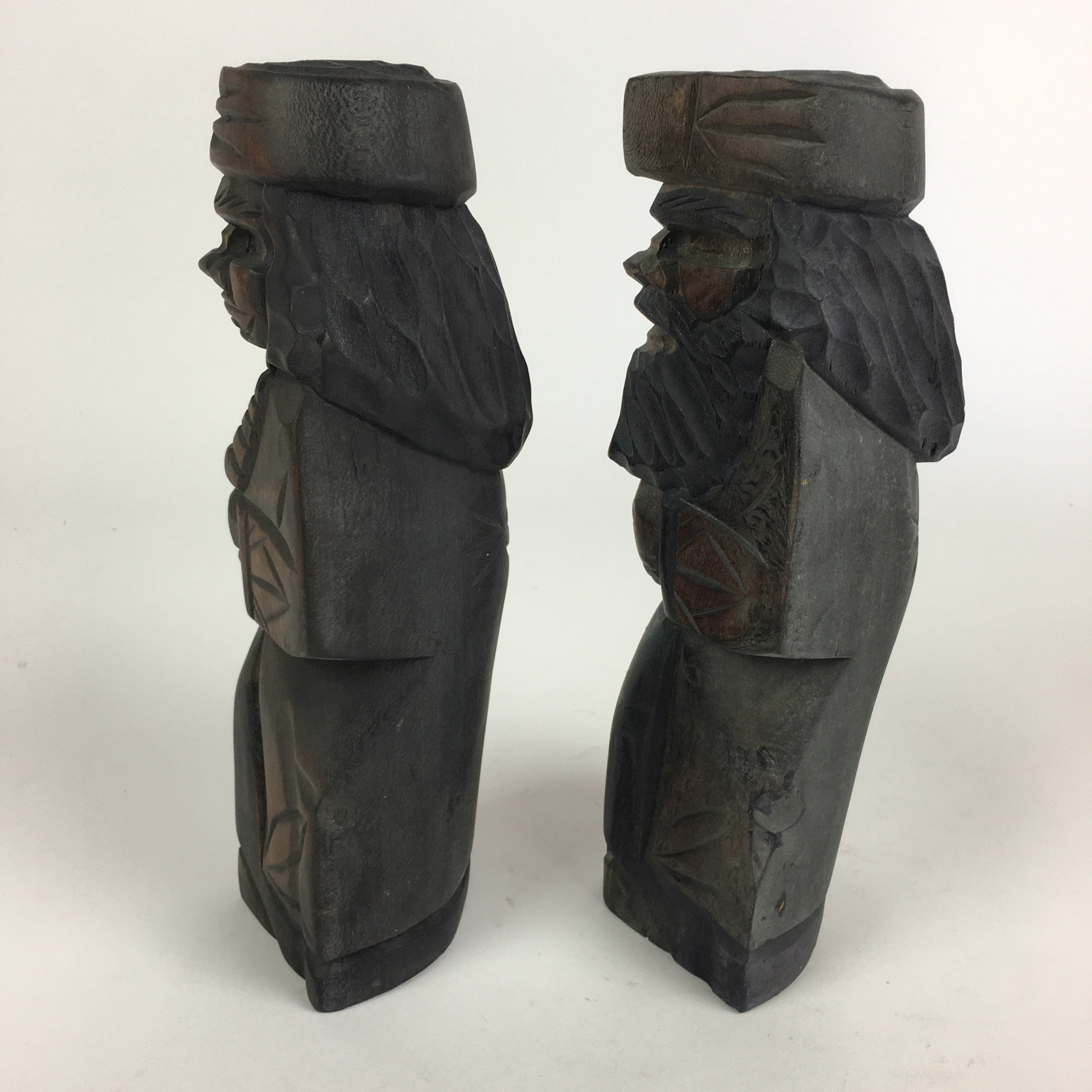 Japanese Wooden Hokkaido Statue Ainu Nipopo 2pc Set Vtg Okimono Brown AB91