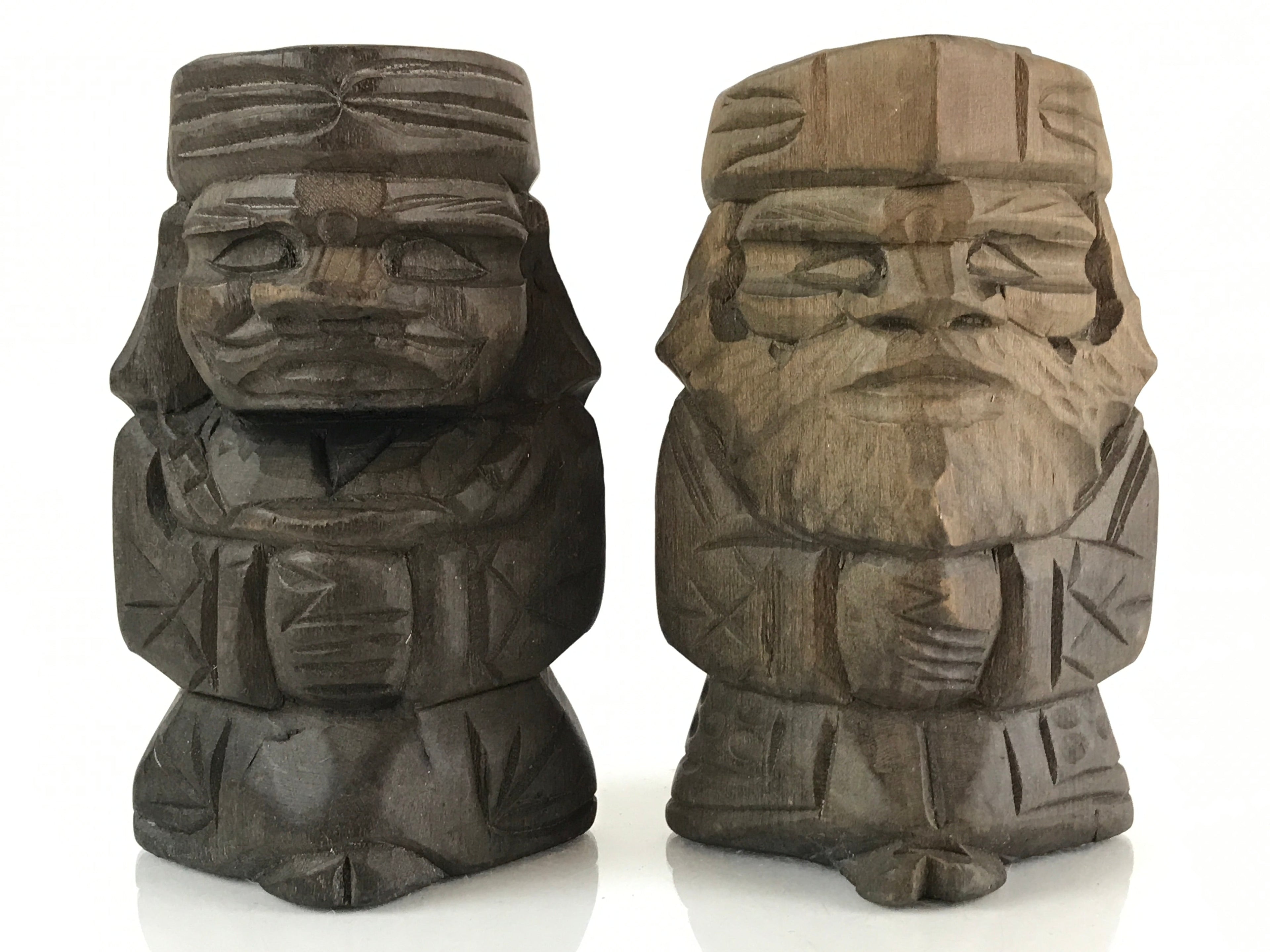 Japanese Wooden Hokkaido Statue Ainu Nipopo 2pc Set Vtg Okimono Brown AB98