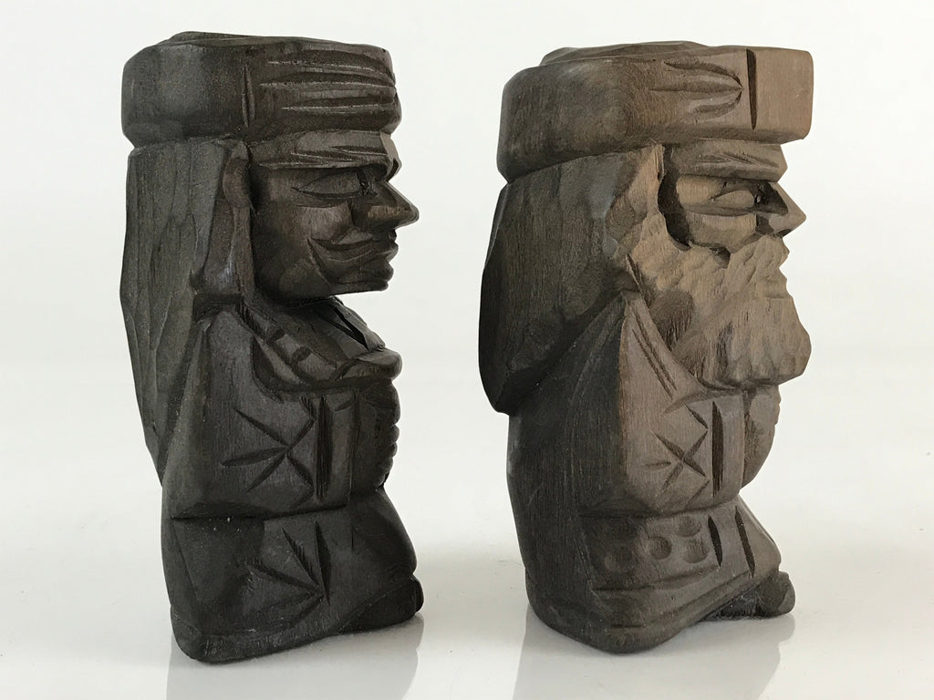 Japanese Wooden Hokkaido Statue Ainu Nipopo 2pc Set Vtg Okimono Brown AB98