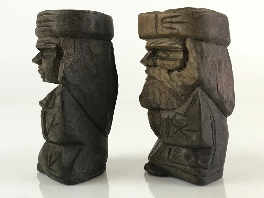 Japanese Wooden Hokkaido Statue Ainu Nipopo 2pc Set Vtg Okimono Brown AB98