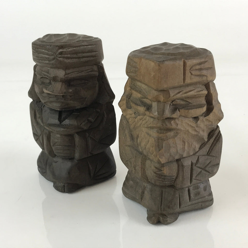 Japanese Wooden Hokkaido Statue Ainu Nipopo 2pc Set Vtg Okimono Brown AB98