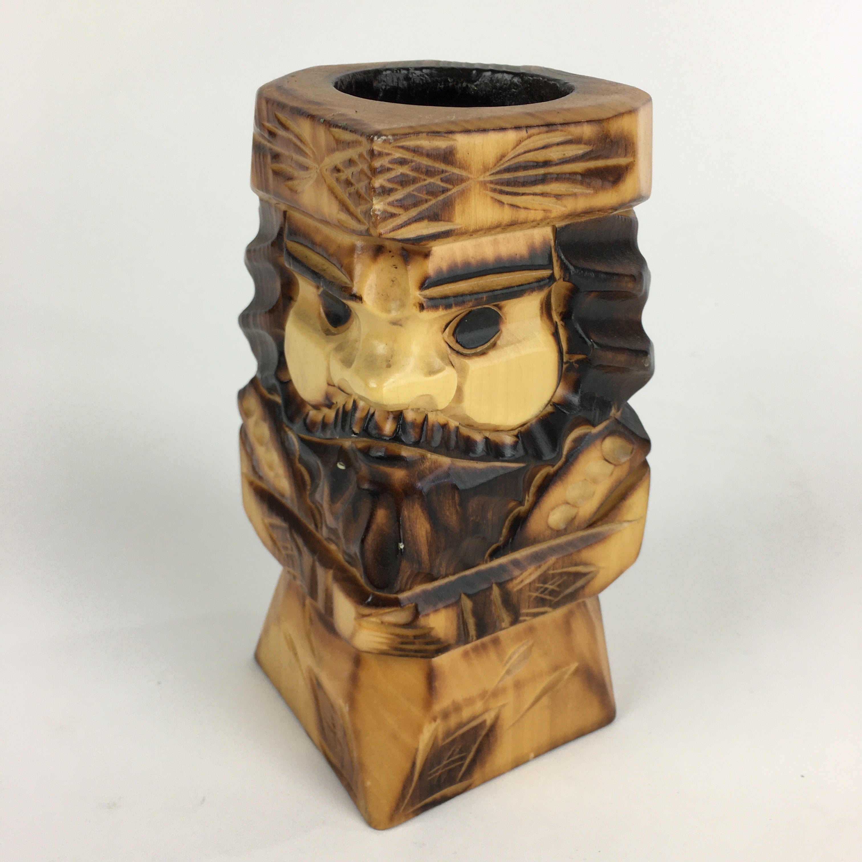 Japanese Wooden Hokkaido Statue Ainu Nipopo Vtg Pen Stand Brown AB93