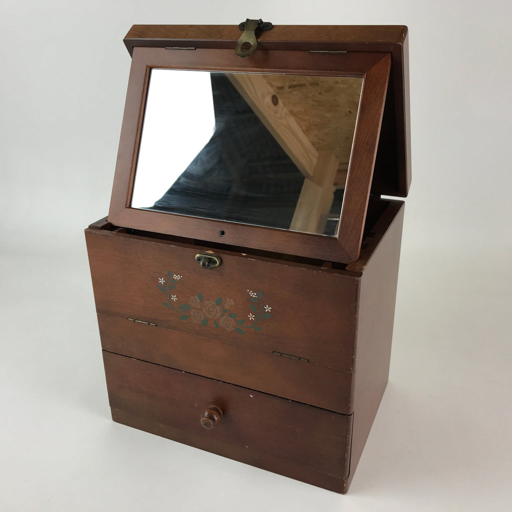 Japanese Wooden Keshobako Cosmetic Box Vtg Vanity Mirror One Drawer T322