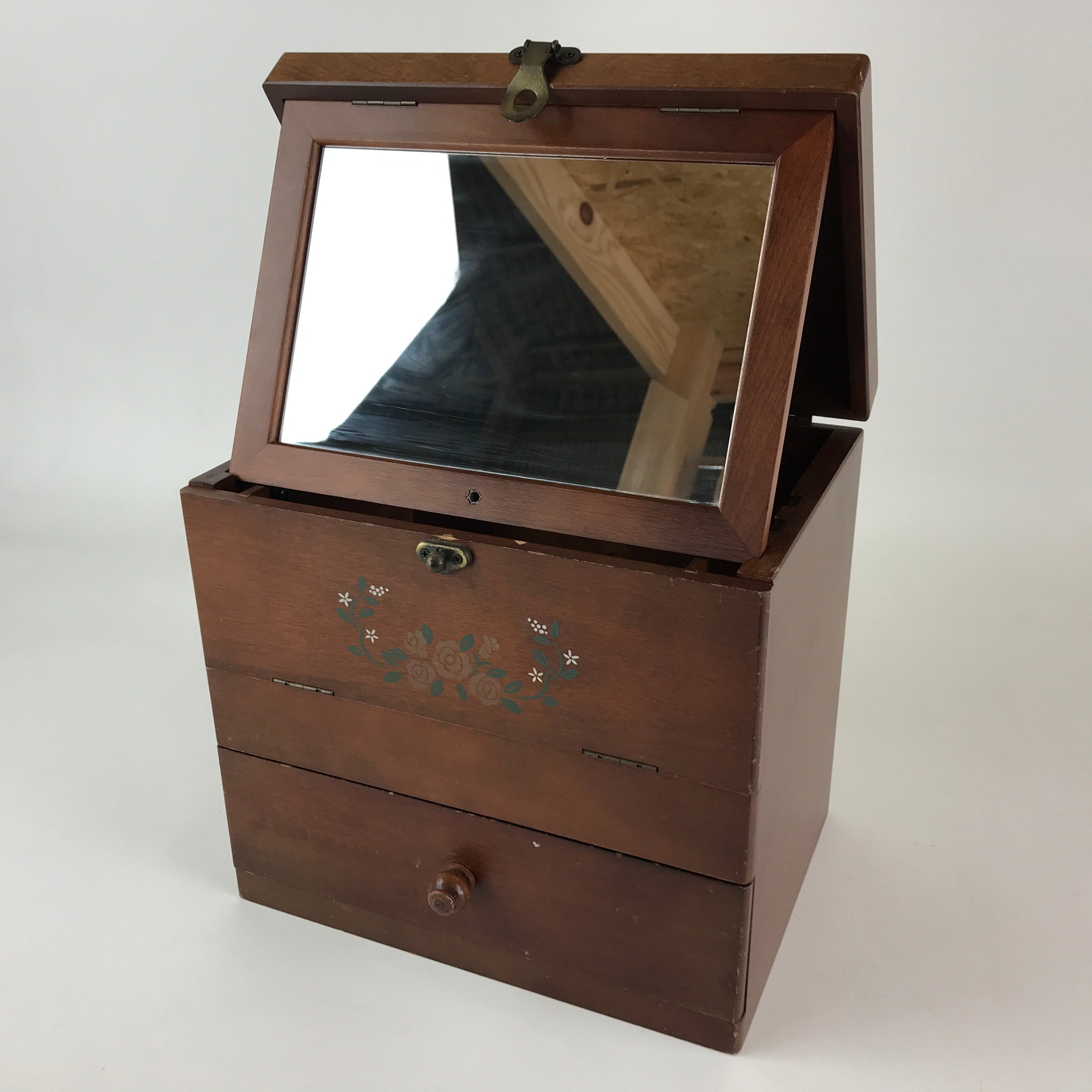 Japanese Wooden Keshobako Cosmetic Box Vtg Vanity Mirror One Drawer T322