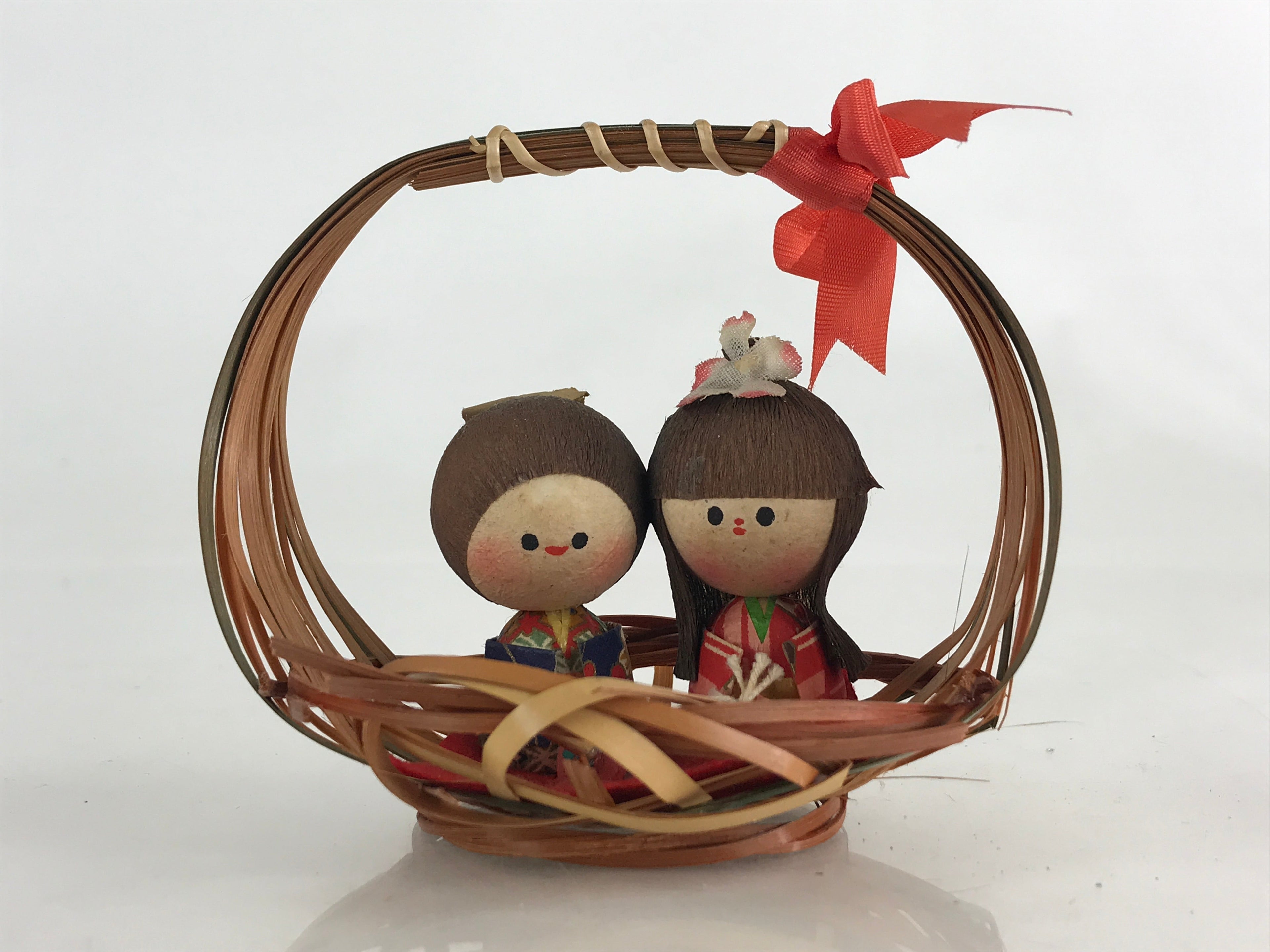 Japanese Wooden Kokeshi Doll Vtg Basket Figurine Traditional Craft Folk Art Toy