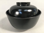 Japanese Wooden Lacquer Lidded Bowl Pair Set Vtg Black Owan Soup Rice PX513