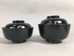 Japanese Wooden Lacquer Lidded Bowl Pair Set Vtg Black Owan Soup Rice PX513