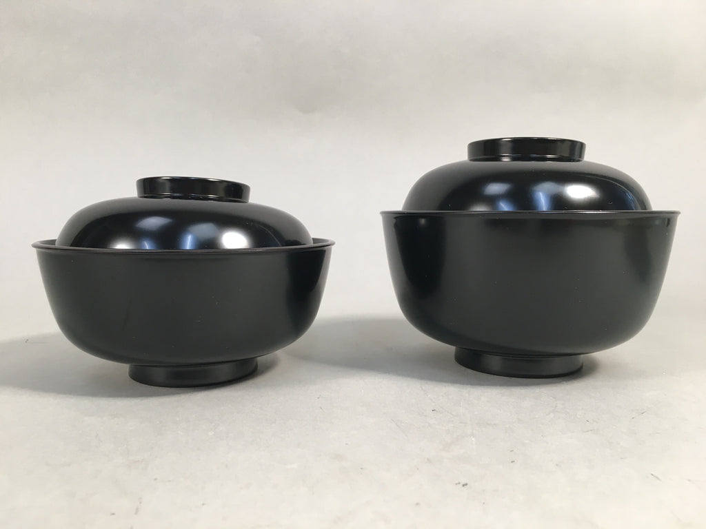 Japanese Wooden Lacquer Lidded Bowl Pair Set Vtg Black Owan Soup Rice PX513