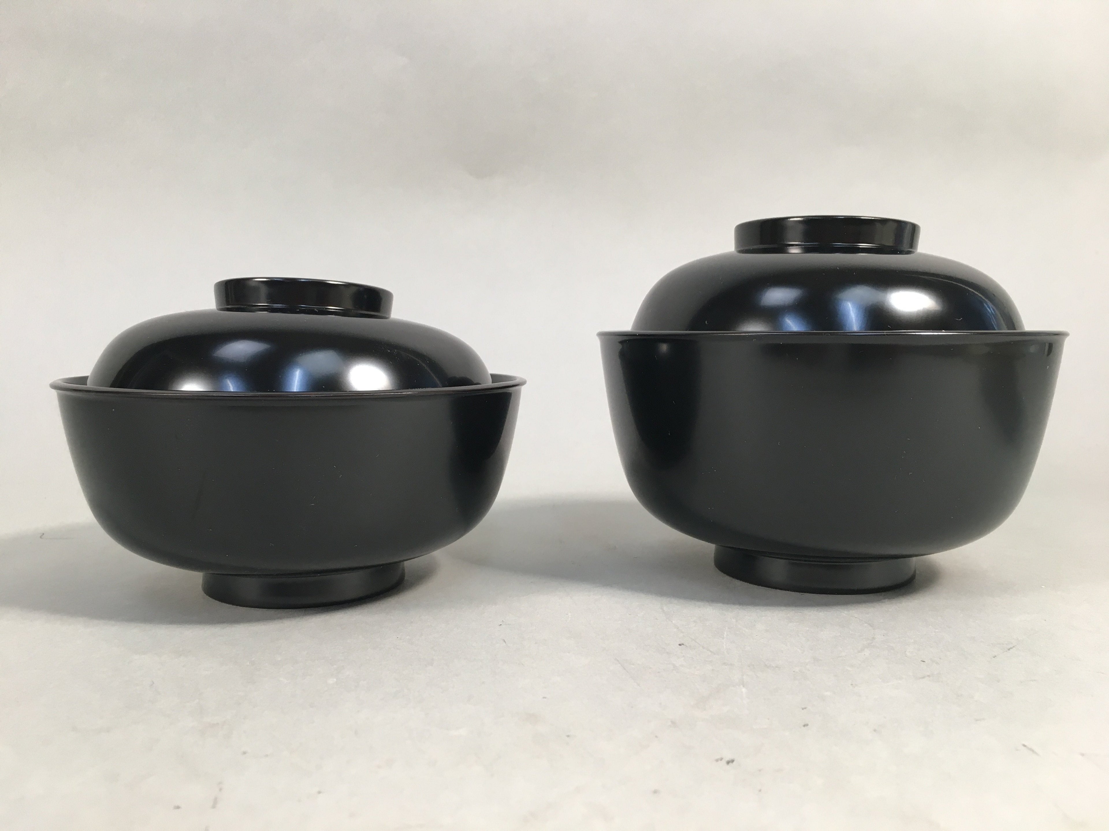 Japanese Wooden Lacquer Lidded Bowl Pair Set Vtg Black Owan Soup Rice PX513