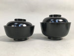 Japanese Wooden Lacquer Lidded Bowl Pair Set Vtg Black Owan Soup Rice PX513