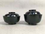 Japanese Wooden Lacquer Lidded Bowl Pair Set Vtg Black Owan Soup Rice PX513
