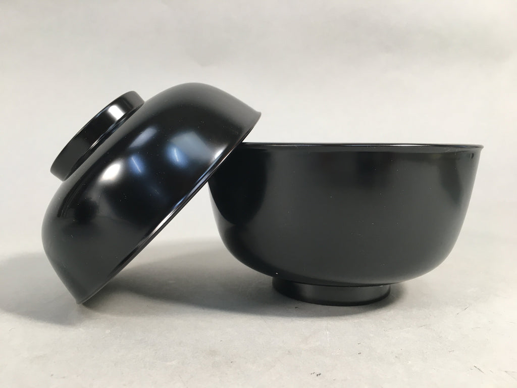 Japanese Wooden Lacquer Lidded Bowl Pair Set Vtg Black Owan Soup Rice PX513