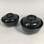 Japanese Wooden Lacquer Lidded Bowl Pair Set Vtg Black Owan Soup Rice PX513