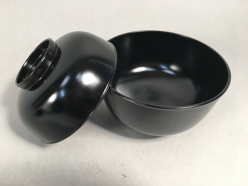 Japanese Wooden Lacquer Lidded Bowl Pair Set Vtg Black Owan Soup Rice PX514