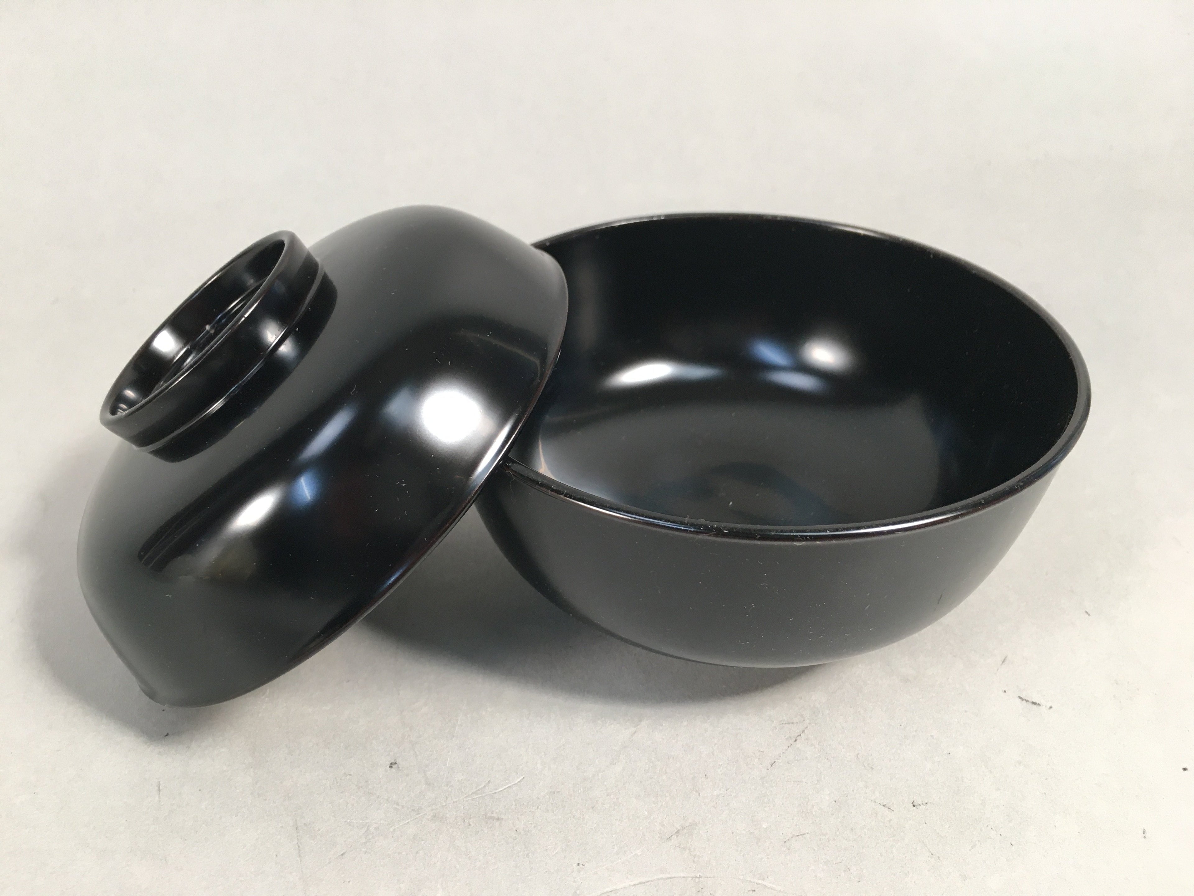Japanese Wooden Lacquer Lidded Bowl Pair Set Vtg Black Owan Soup Rice PX514