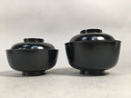 Japanese Wooden Lacquer Lidded Bowl Pair Set Vtg Black Owan Soup Rice PX514