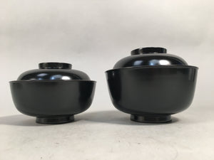Japanese Wooden Lacquer Lidded Bowl Pair Set Vtg Black Owan Soup Rice PX514