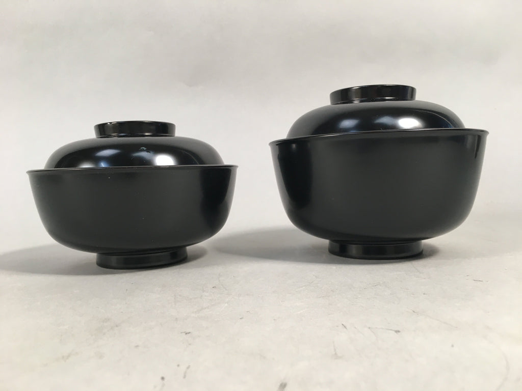 Japanese Wooden Lacquer Lidded Bowl Pair Set Vtg Black Owan Soup Rice PX514