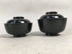 Japanese Wooden Lacquer Lidded Bowl Pair Set Vtg Black Owan Soup Rice PX514