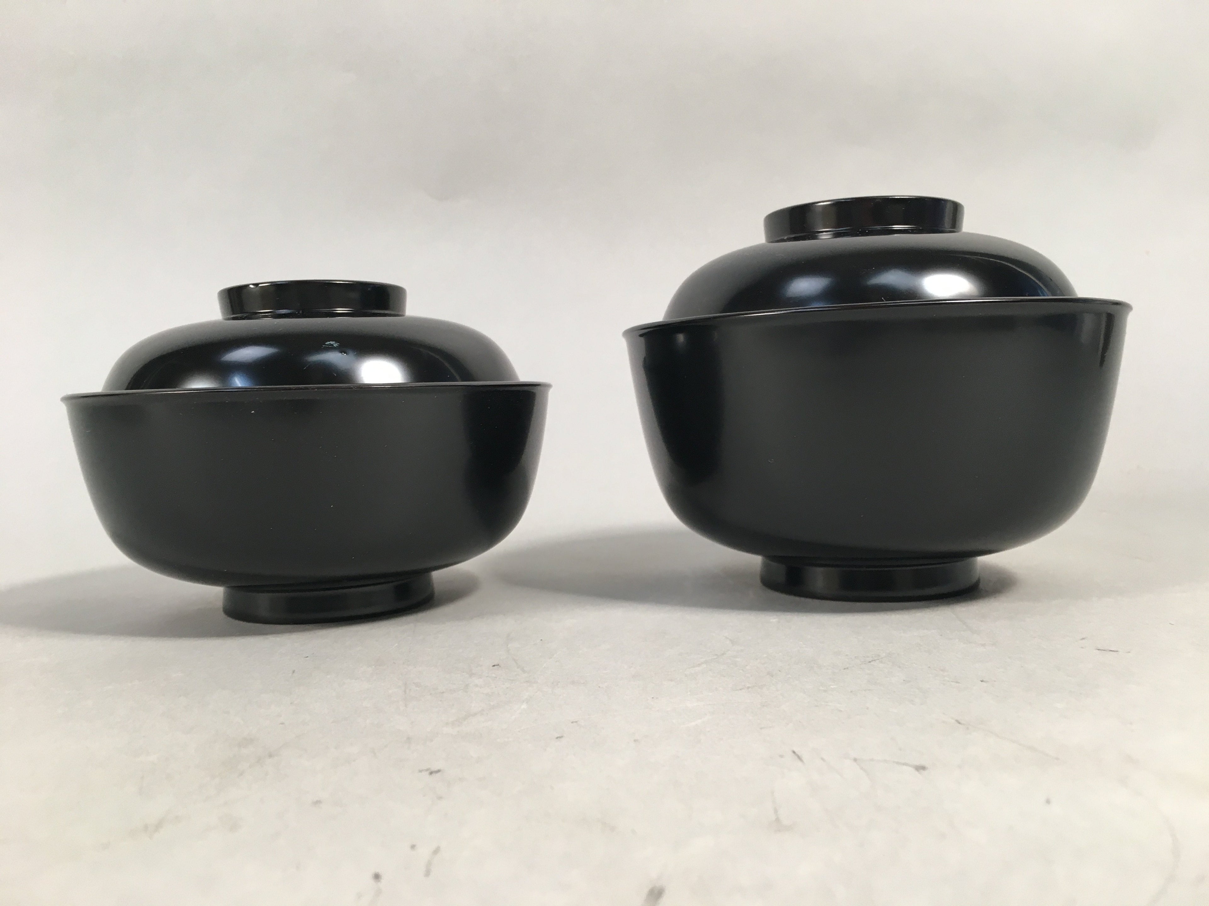 Japanese Wooden Lacquer Lidded Bowl Pair Set Vtg Black Owan Soup Rice PX514