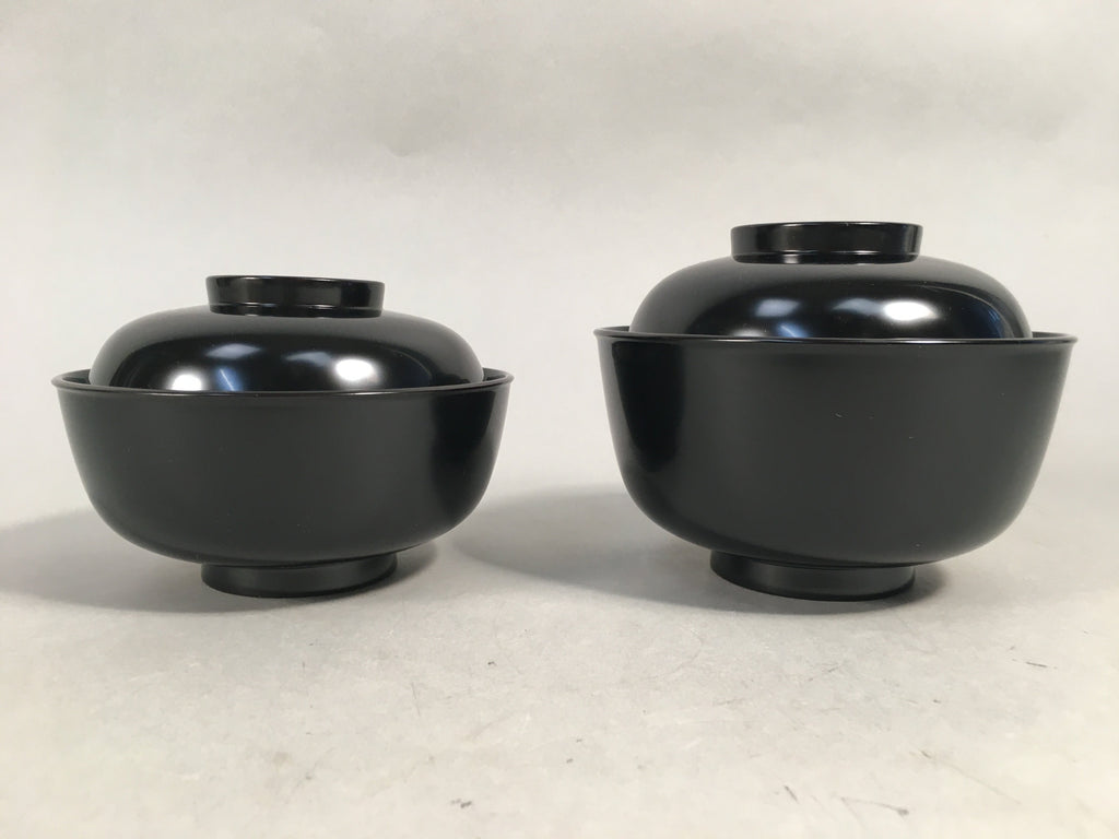 Japanese Wooden Lacquer Lidded Bowl Pair Set Vtg Black Owan Soup Rice PX514