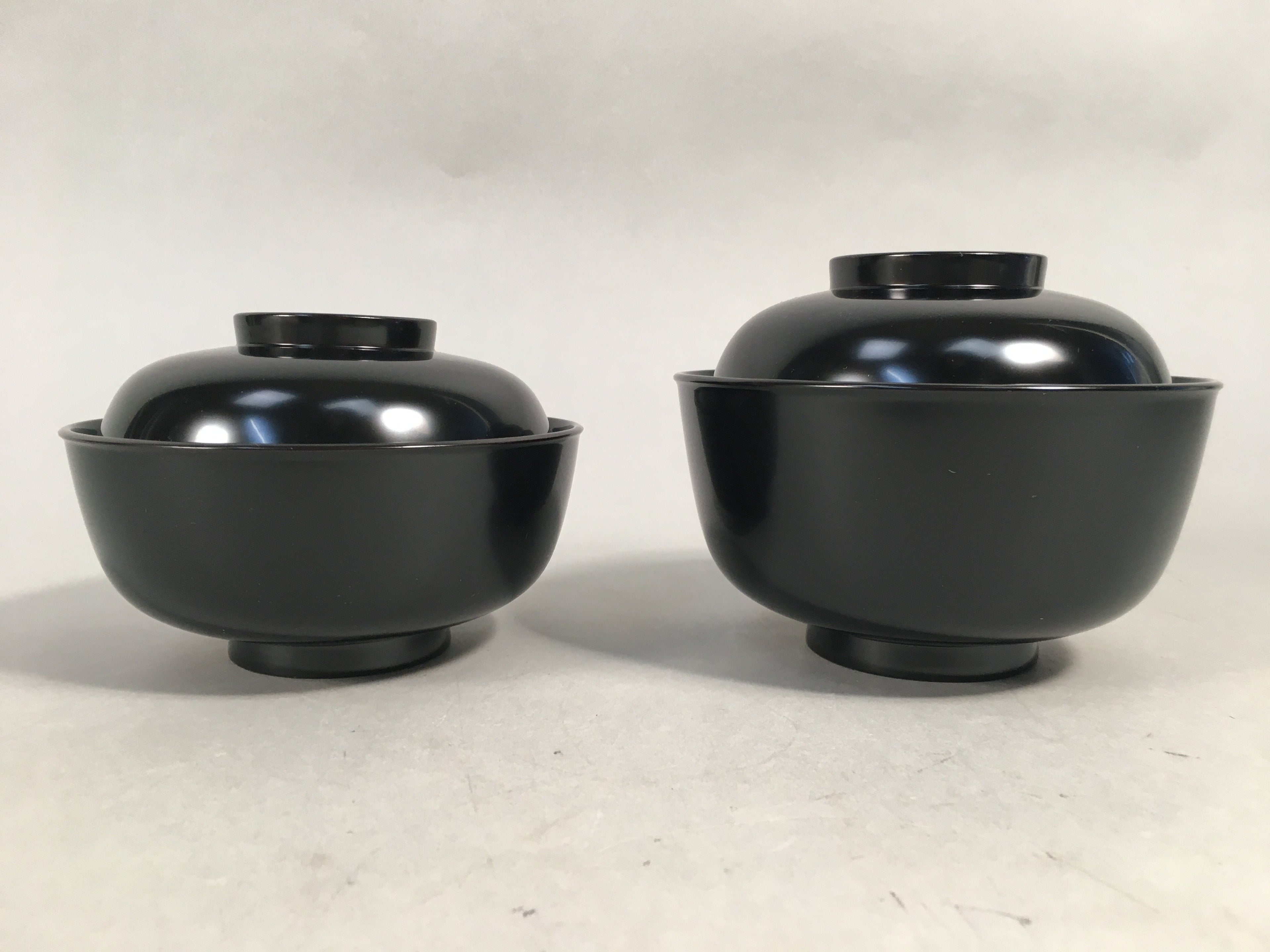 Japanese Wooden Lacquer Lidded Bowl Pair Set Vtg Black Owan Soup Rice PX514